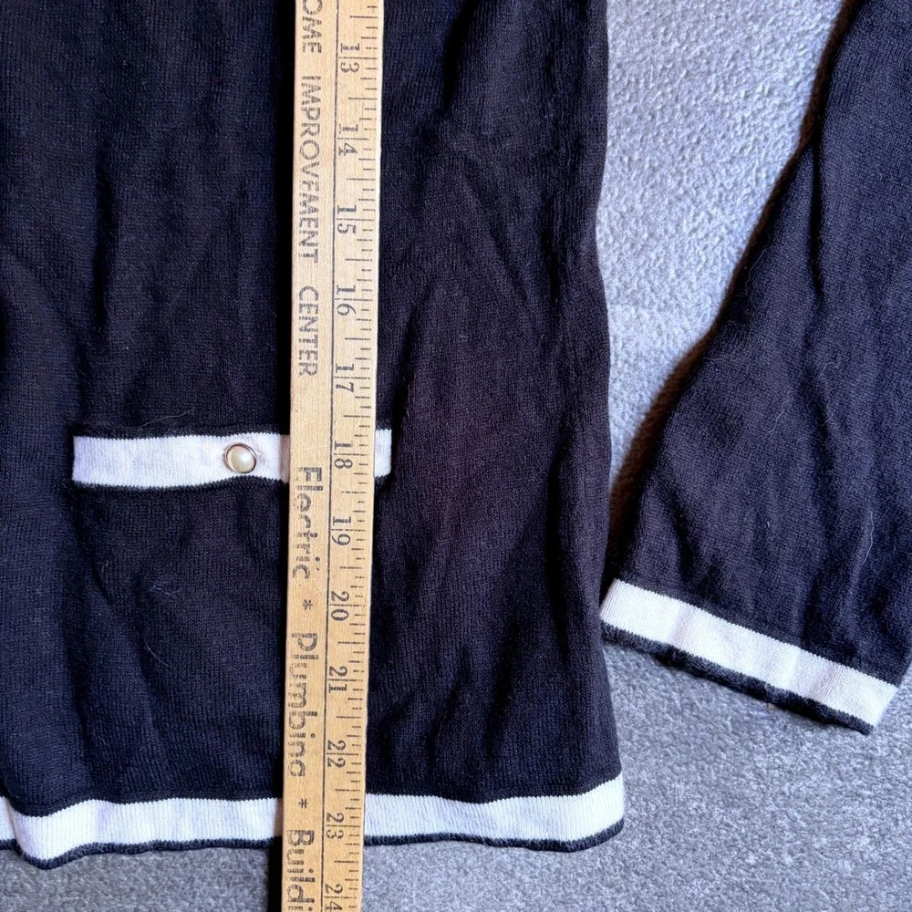 Talbots Womens Black White Bow Accent Cotton Cashmere Cardigan Sweater Size M